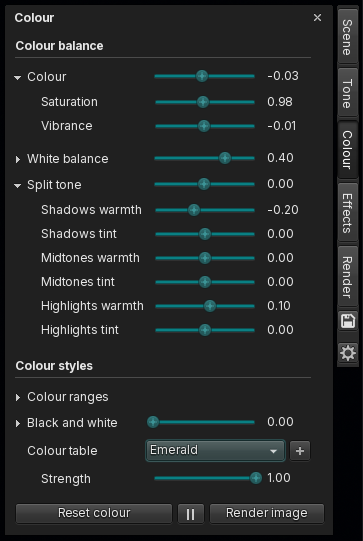 The Colour tab, with colour balance and colour styles