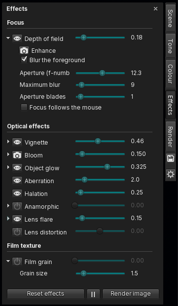 The Effects tab, with focus, optical effects and film texture