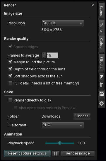 The Render tab, with image size, render quality, save and animation settings