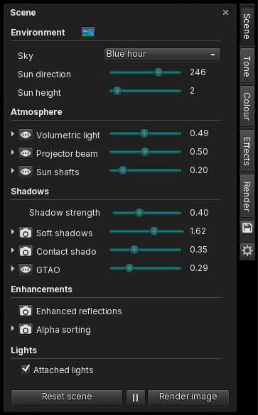 The Scene tab, with settings for environment, atmosphere, shadows, enhancements and lights