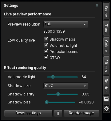 The Settings tab, with live preview performance and effect rendering quality