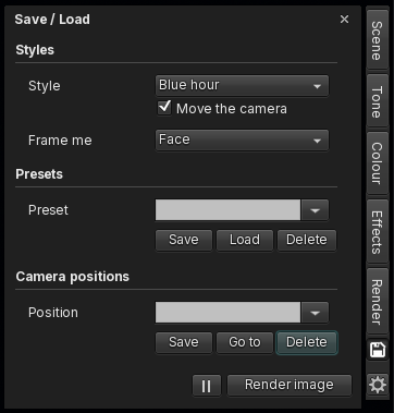 The Save and Load tab, with styles, presets and camera positions