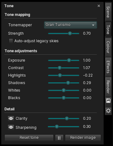The Tone tab, with tone mapping, tone adjustments and detail