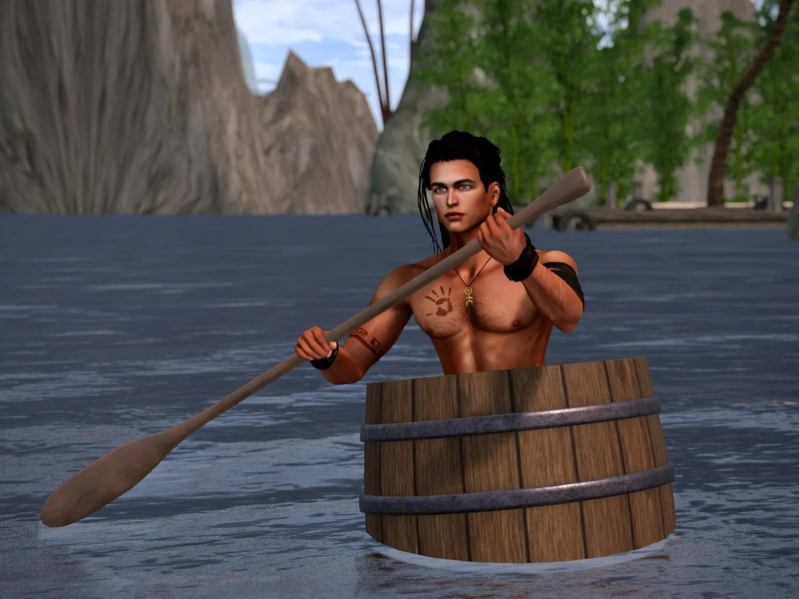 A man crouches in a wooden barrel, holding a paddle, on a river with rocky cliffs and trees.