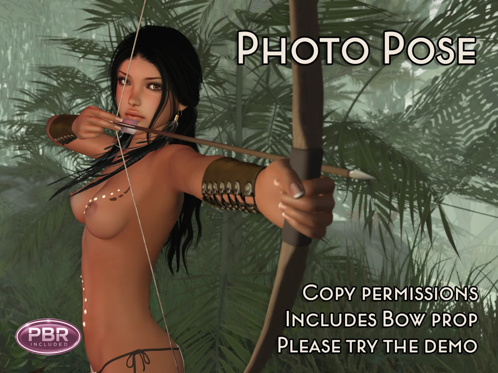 Woman drawing a bow and arrow, unclothed with arm bands and body paint, in a jungle setting.