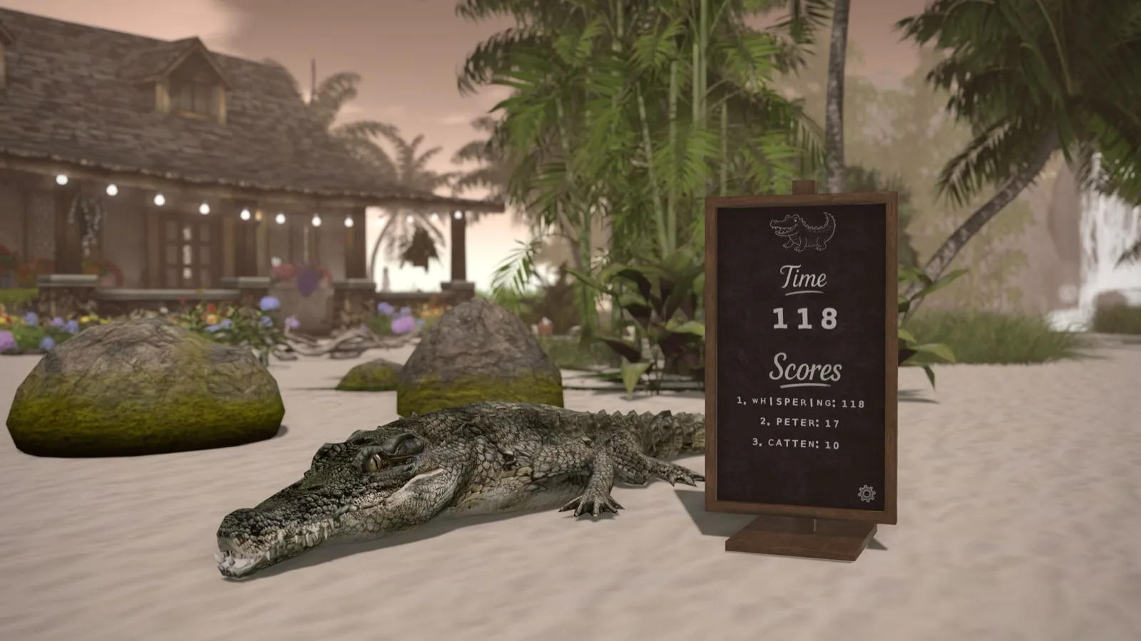 A crocodile lies on sandy ground beside a blackboard showing time and scores, with palm trees and a thatched building in the background.