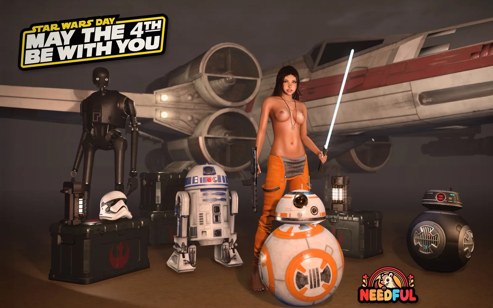 A fictional character with droids and a spaceship in a sci-fi scene with artistic elements.