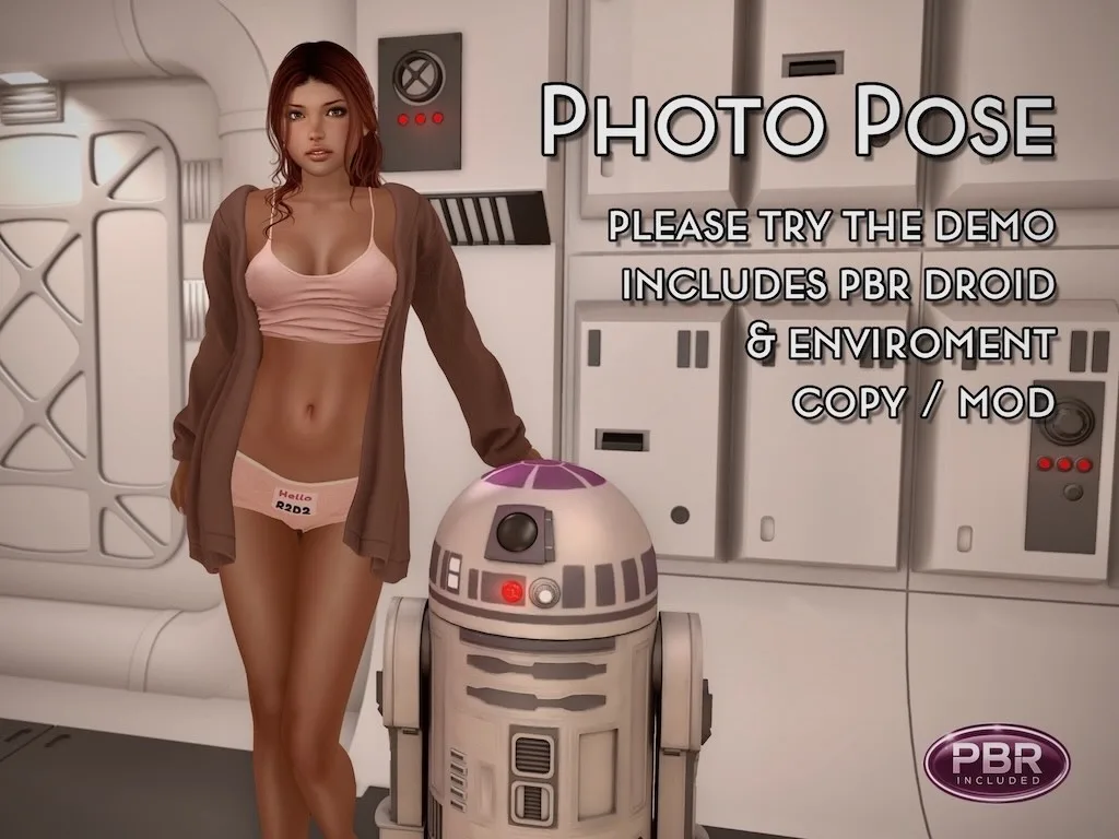 A woman posing with a droid in a futuristic sci-fi setting, showcasing a mix of fashion and technology.