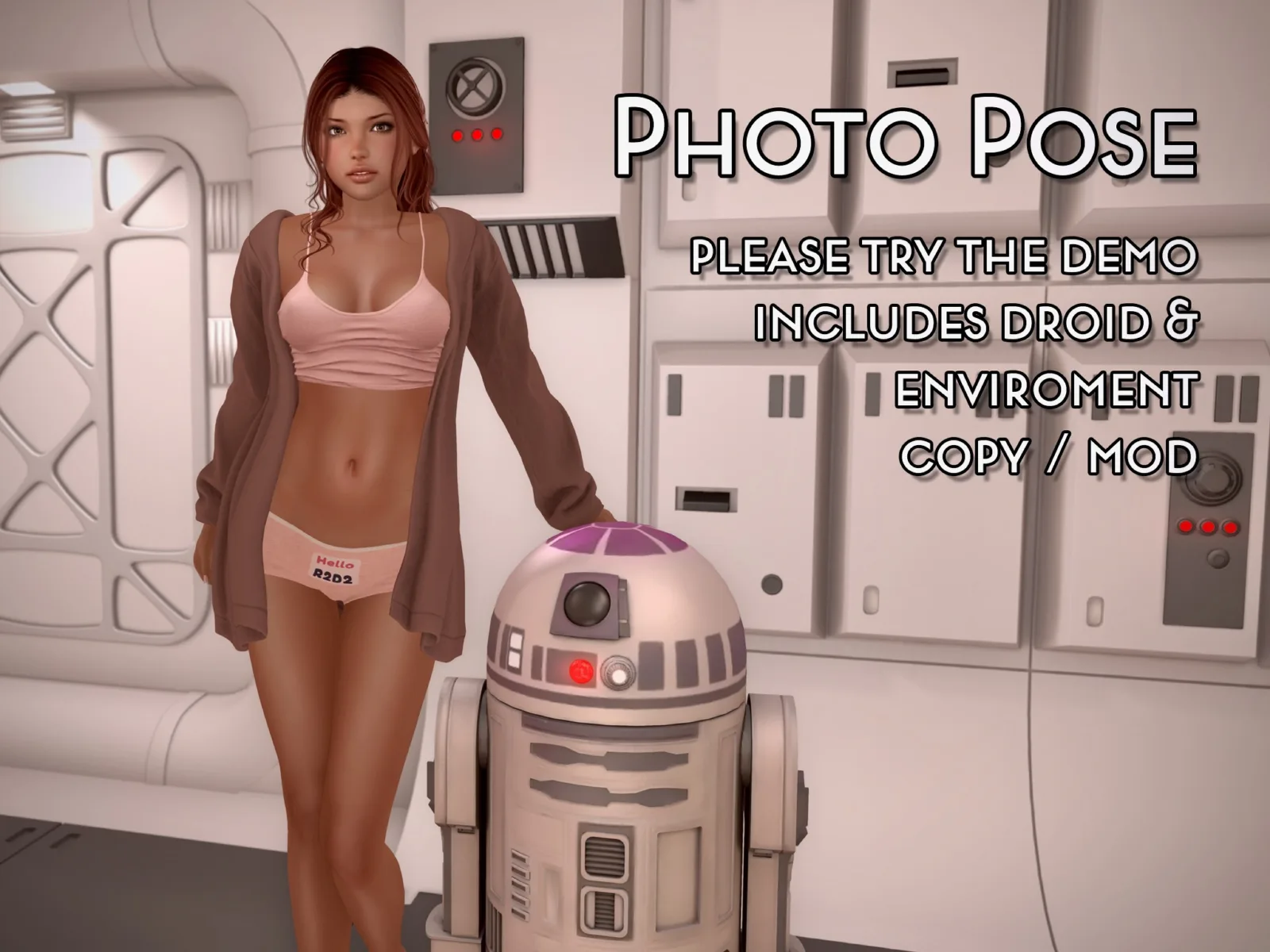 Woman in a beige bra and open brown robe stands beside a small white and purple robot in a sci-fi corridor.