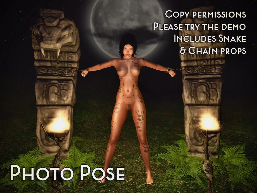 Mystical figure bound between ancient stone pillars under a full moon, surrounded by torchlight and wilderness.