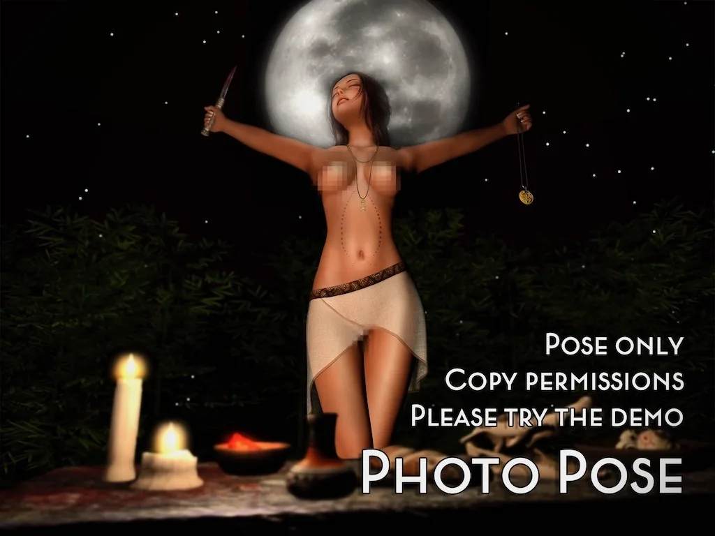Artistic depiction of a woman under a full moon, with candles on a table, evoking a mystical and serene atmosphere.
