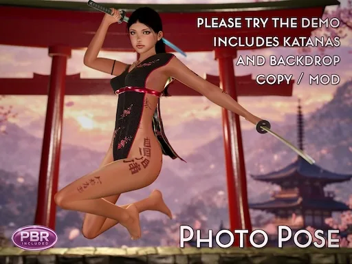 Mid-air combat pose holding two katanas against a red torii gate and misty Asian temple backdrop.