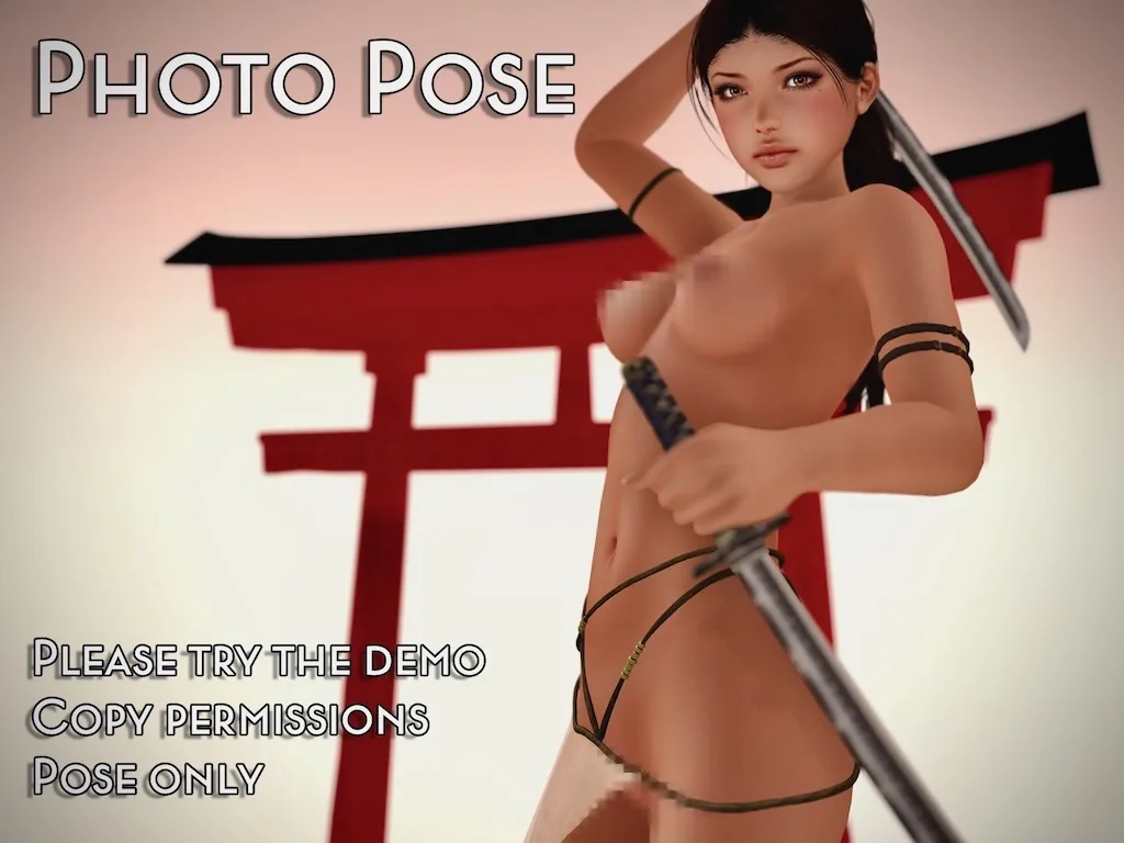 Artistic samurai-themed image of a woman posing with a sword in front of a Japanese torii gate.