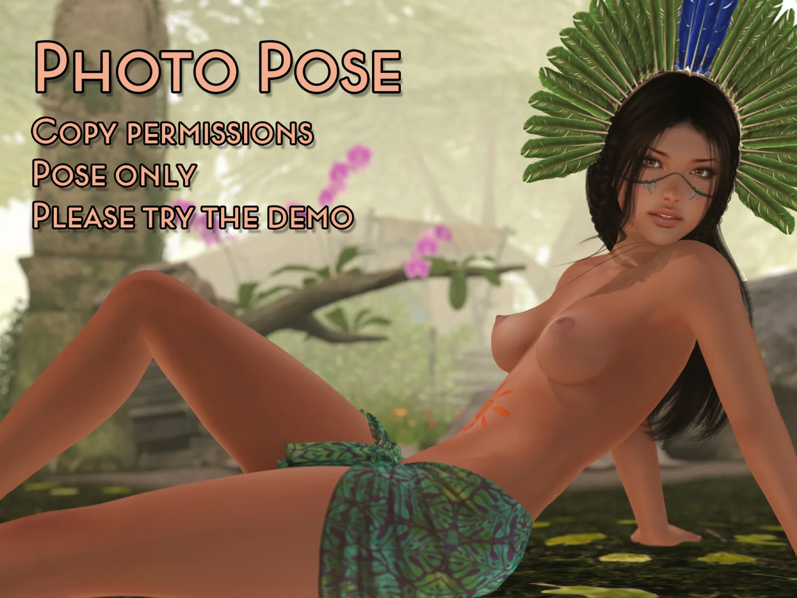 Woman reclining on a patterned cloth beside water, wearing a feathered headdress and green wrap.