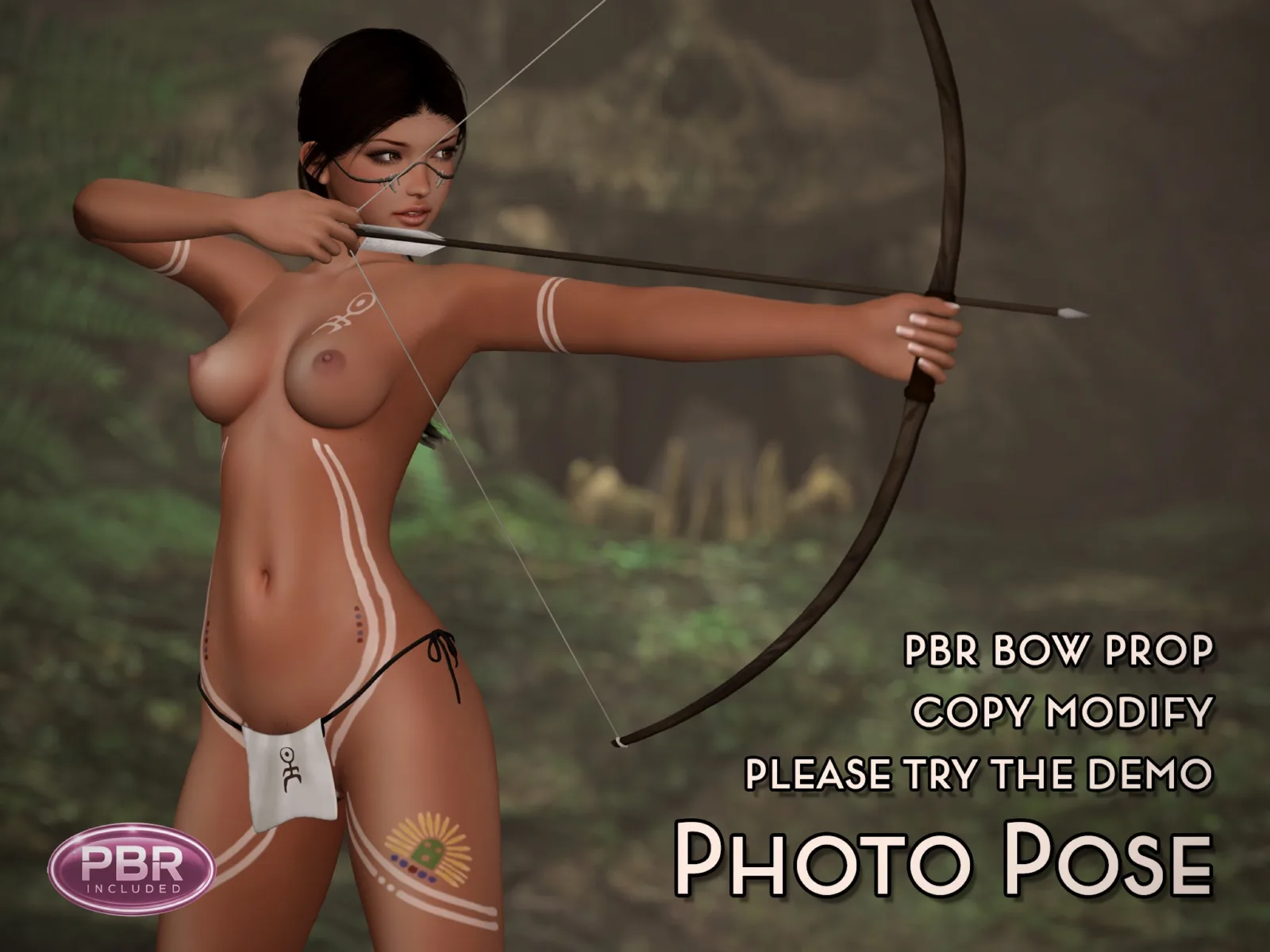 Woman in white body paint and wraps draws a longbow, standing unclothed in a forest.