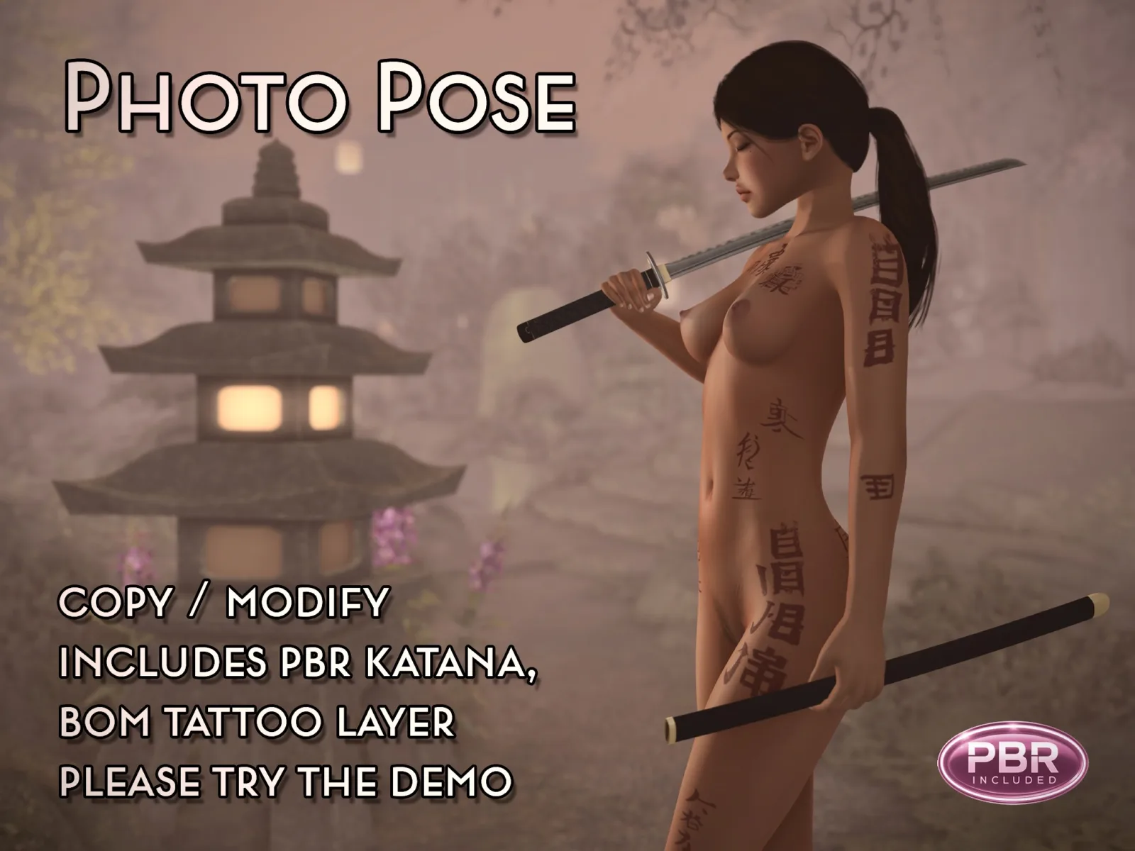 Woman in a battle stance holds a katana, unclothed with Japanese kanji tattoos, near a lit pagoda in misty twilight.