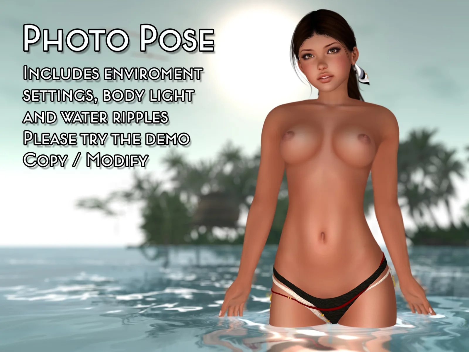 Waist-deep in a tropical pool, a woman in a black bikini bottom stands with hands at her sides, palms open.