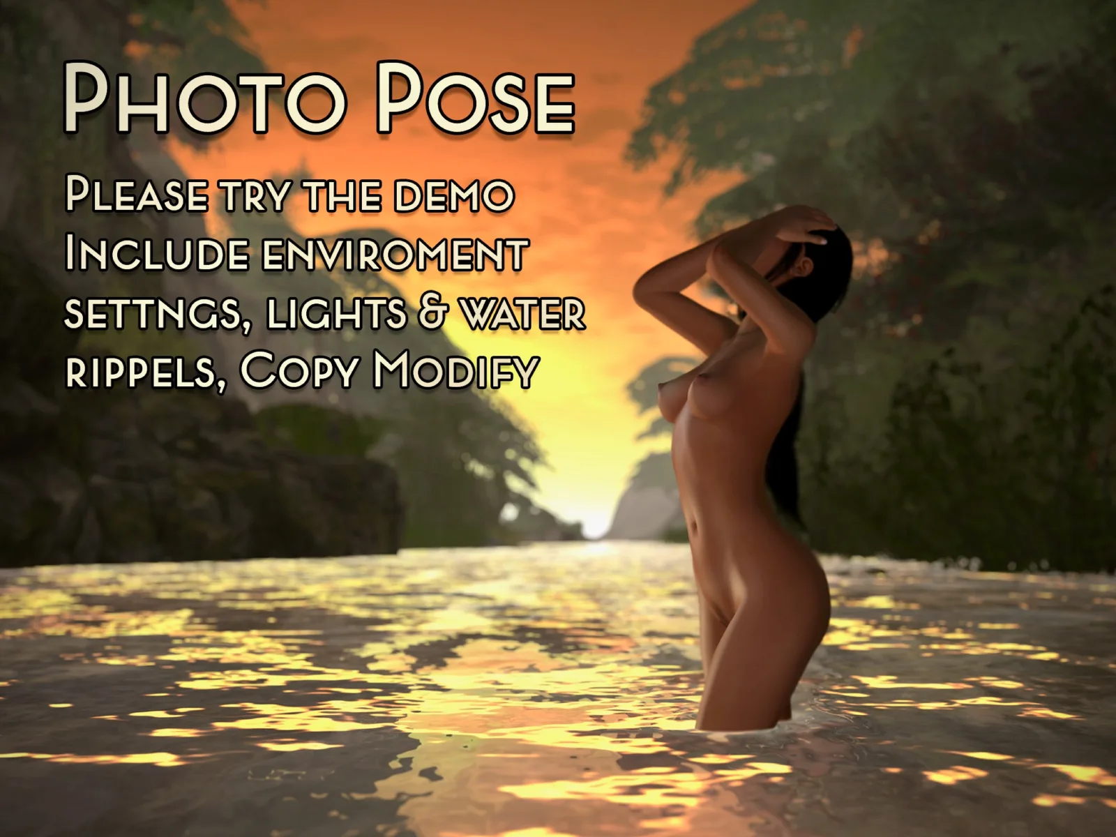 Woman standing in shallow water at sunset, hand resting on her head, unclothed.