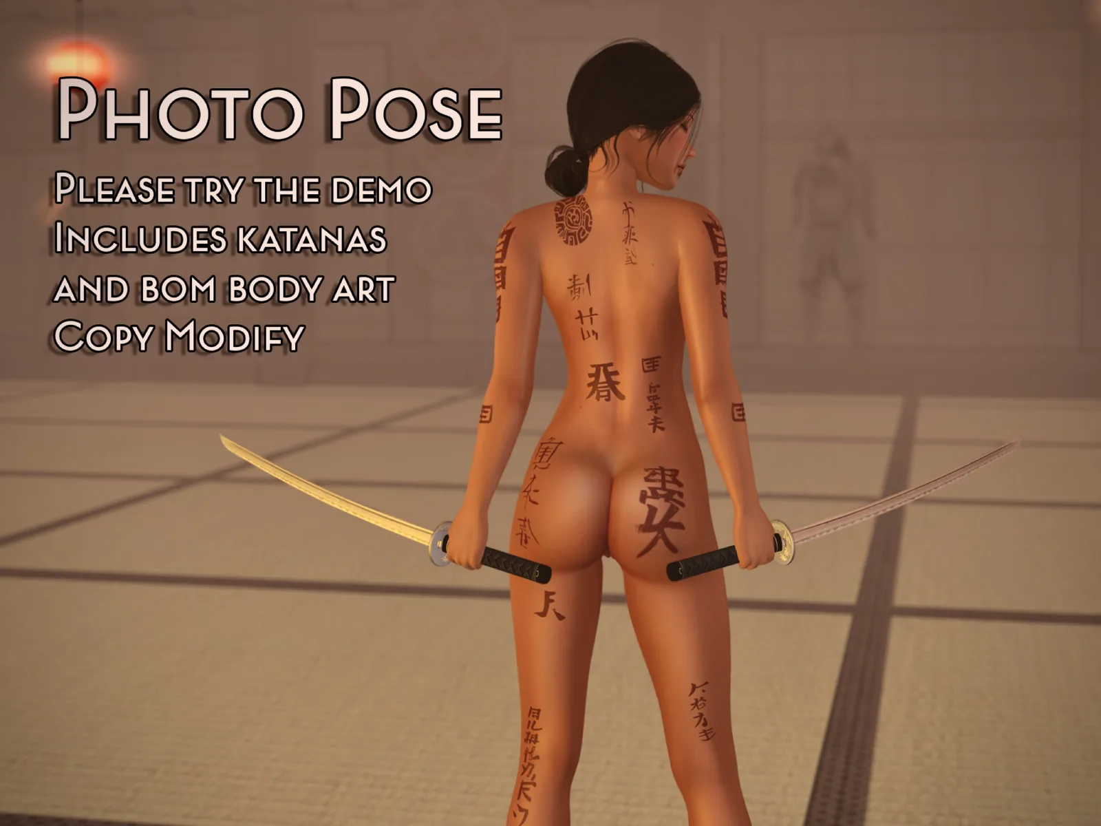 Woman holding two katanas behind her back, with black body paint in an Asian-inspired design, standing on wooden steps indoors.