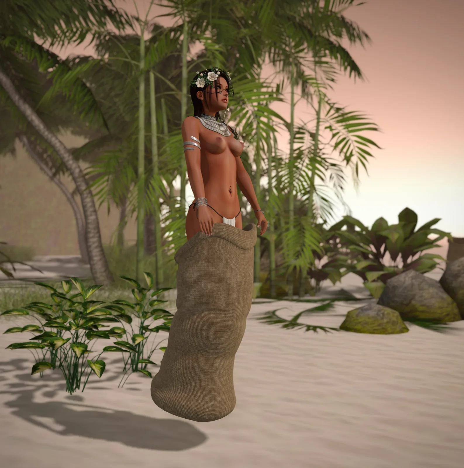 Woman carrying a large woven sack over one shoulder, standing barefoot on sand among palm trees and ferns.